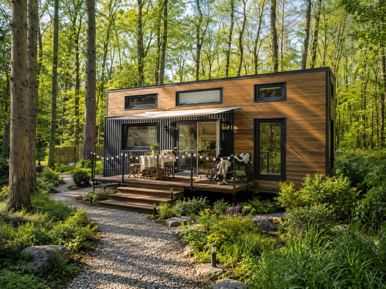 River von Aurora: Tiny House mit Holzfassade, Vordach über der Terrasse und Treppe im Gartengrundstück
