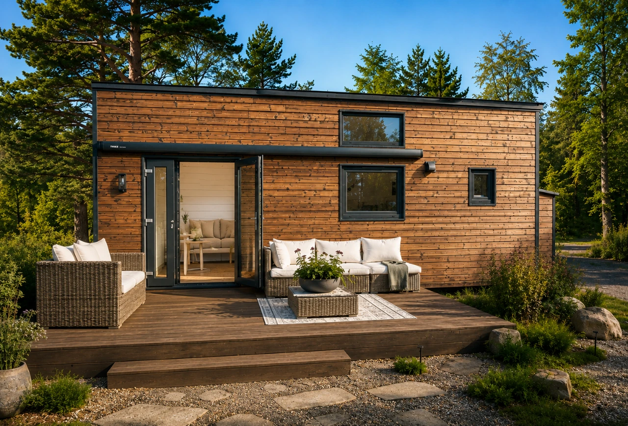 Porto von Aurora: Tiny House mit Holzfassade und Holzterrasse mit Loungemöbeln im Wald