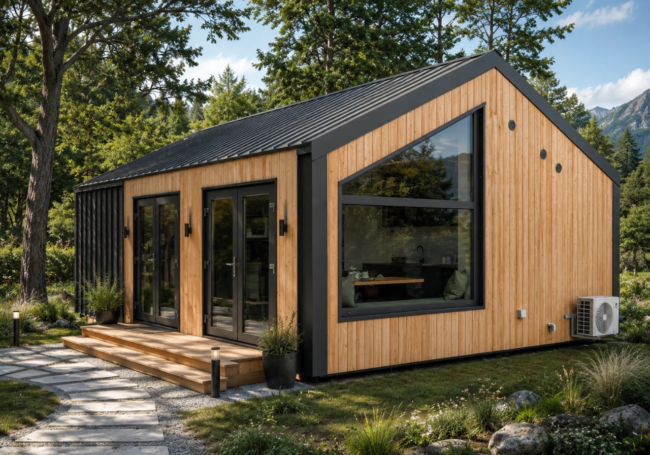 Modulhaus mit Satteldach, Holz- und dunkler Metallfassade sowie verglaster Giebelseite am Waldrand