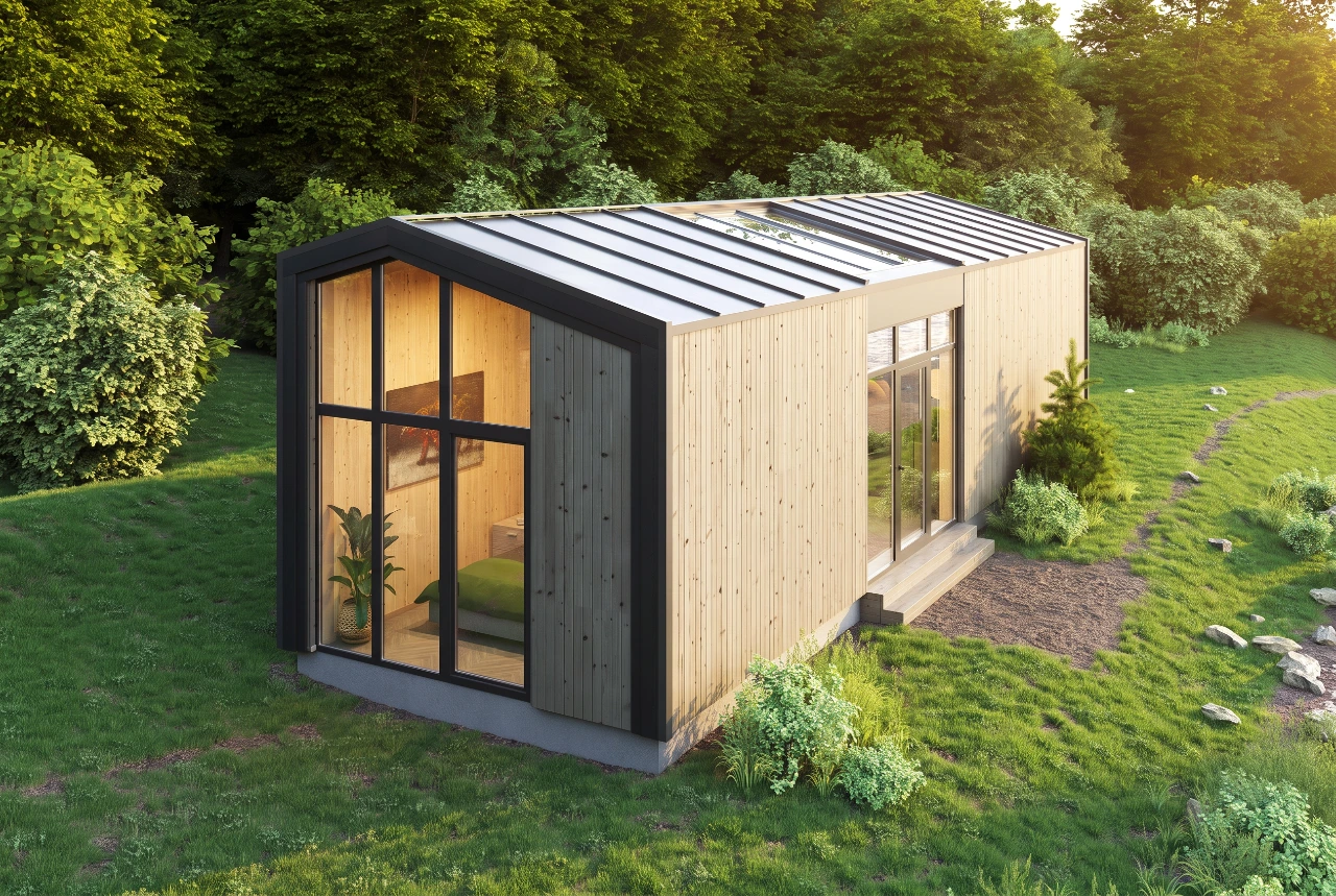 M50Loft von M-Cabin Line: Modul mit verglaster Giebelseite und Holzfassade in der Abenddämmerung