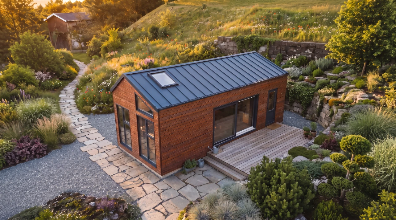 MNLoft von M-Cabin Line: Haus mit rotbrauner Holzfassade, Satteldach und Natursteinweg