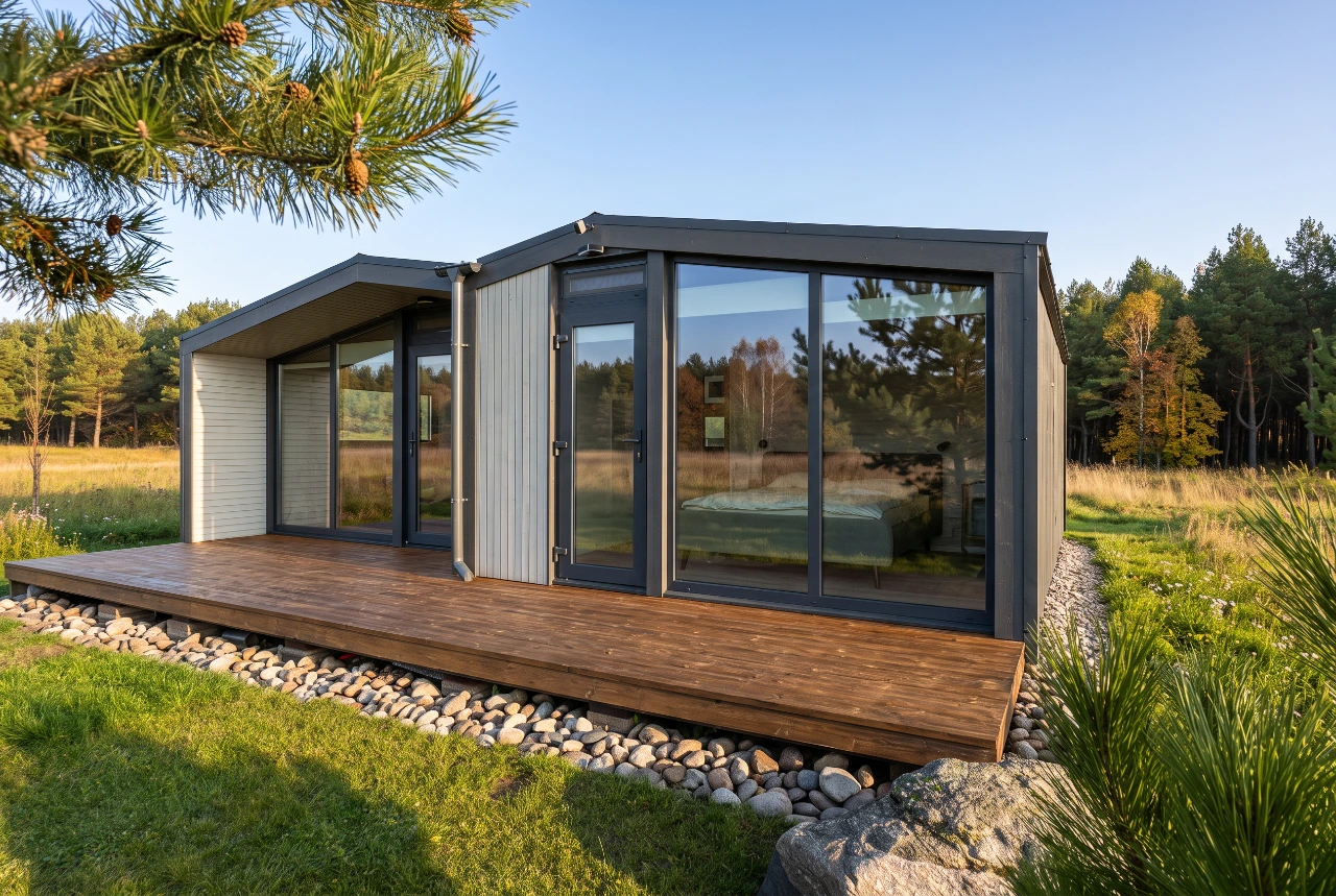 M54 von M-Cabin Line: Modul mit grauer Fassade, Eckverglasung und breiter Holzterrasse