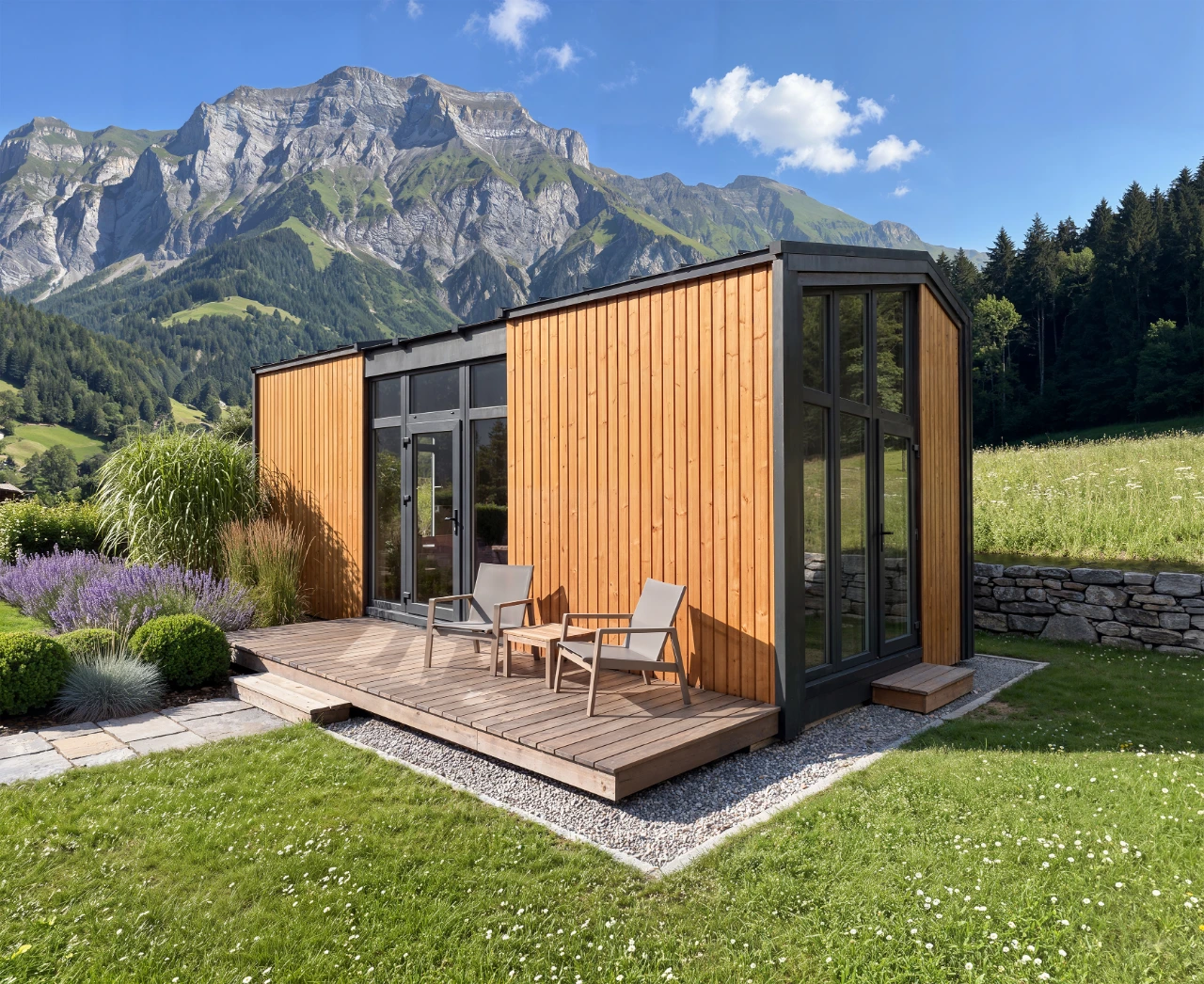 M36Loft von M-Cabin Line: Modul mit heller Holzfassade und Holzterrasse in einer Bergwiese