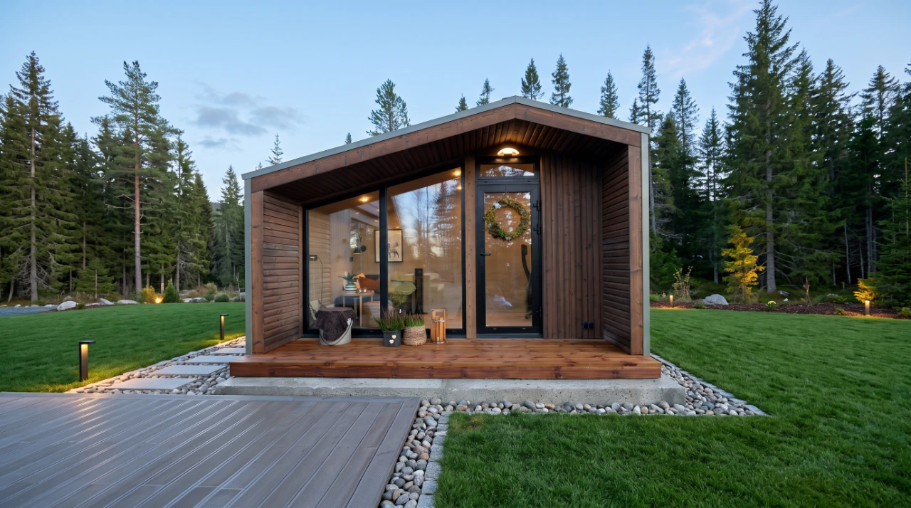 M14 von M-Cabin Line: Gartenhaus mit Holzfassade, Glasfront und kleiner Holzterrasse