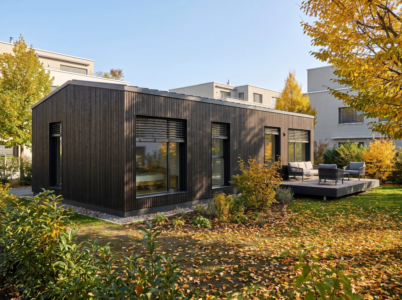 Bungalow S mit Satteldach: Eckansicht im Herbstgarten mit grossen Fenstern, Raffstoren und Terrasse