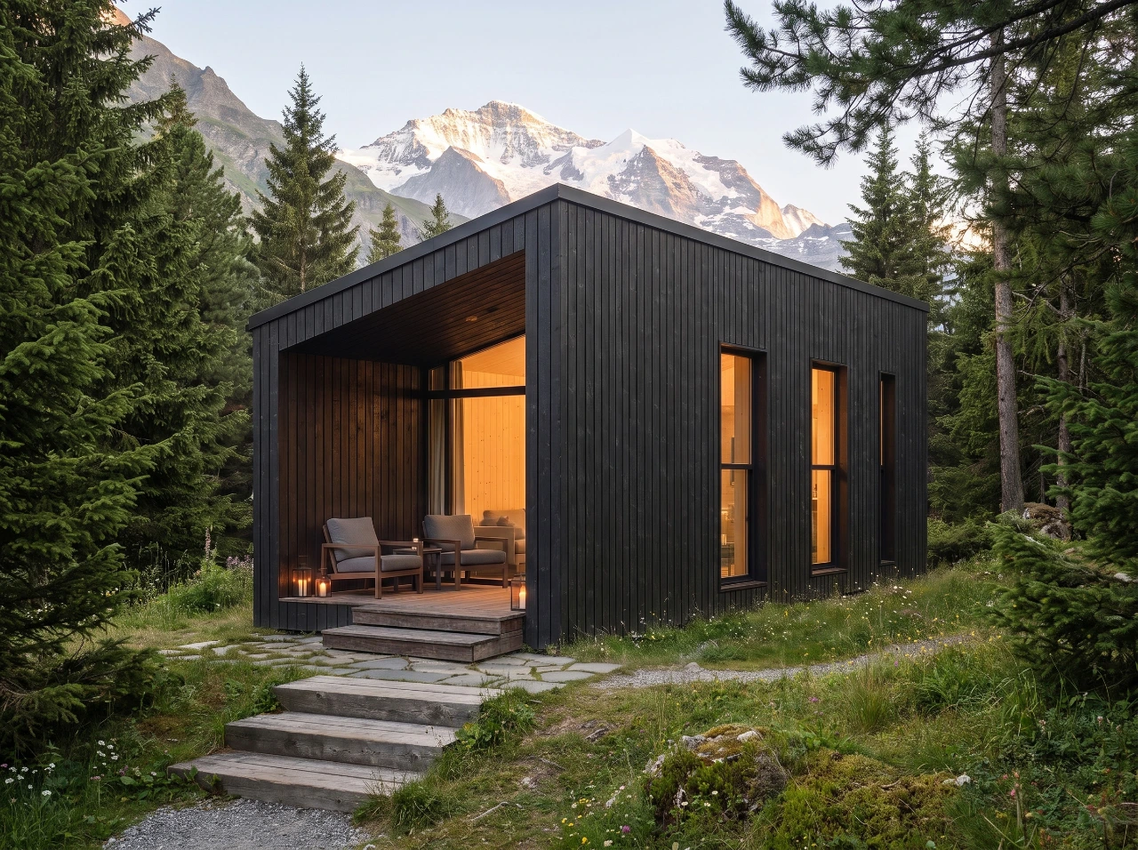 Tourist S von Soldanella: Modulhaus mit dunkler Holzfassade und überdachter Terrasse im Bergwald